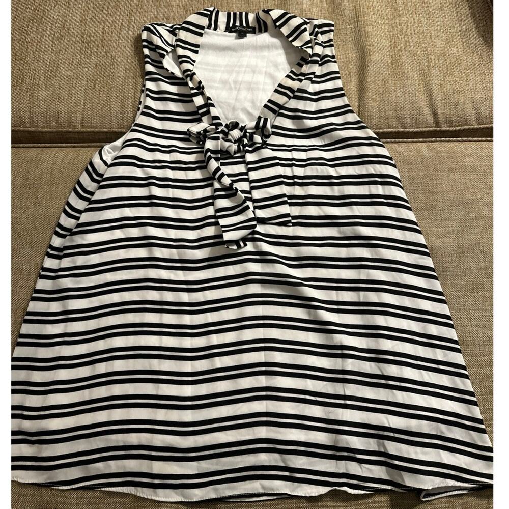 White Black Double Stripe Sleeveless Tank Top Shirt Women’s Front Tie Lined Sz L